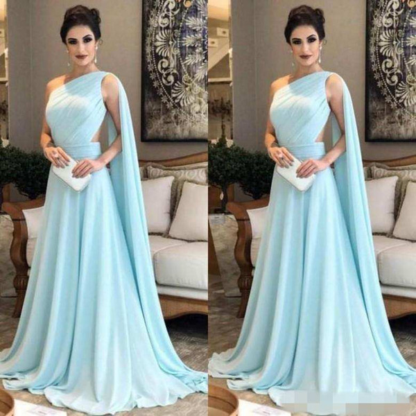 Mint Chiffon Evening Dresses Long Elegant One Shoulder Ruched Cutaway Side With Shawl Formal Party Dresses Party Wear