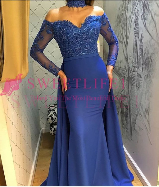 Royal Blue Off The Shoulder Evening Dresses Long Sleeve Lace Appliques Detachable Train Formal Occasion Prom Dresses Custom Made