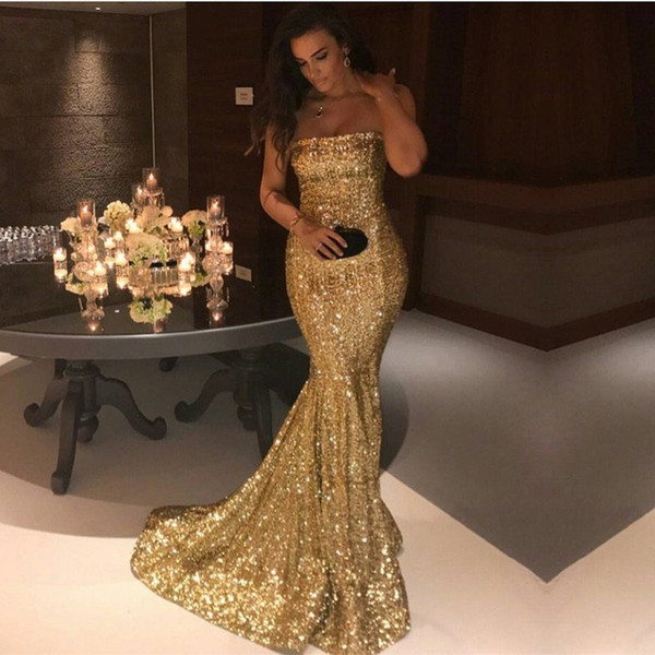 Sparkle Gold Sequins Mermaid Evening Gowns Cheap Sexy Strapless Prom Dresses Sweep Train Cheap Zipper Back Party Gown