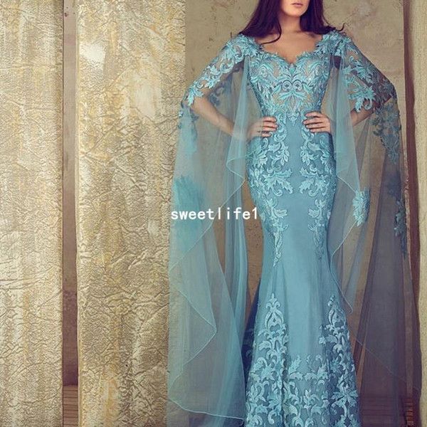 Dubai Style V Neck Evening Dresses With Long Sleeve Appliques Mermaid Formal Occasion Prom Party Gown Custom Made