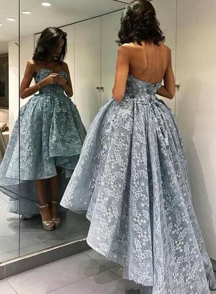 New Arrival Light Blue Lace Short Evening Dress Sexy Sweetheart Appliques High/Low Evening Party Gowns Formal Robe De Soire