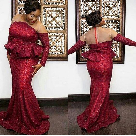 Plus Size Burgundy Sequins Evening Dresses Sheer Jewel Neck Long Sleeve Mermaid Peplum Formal Occasion Prom Dresses Custom Made