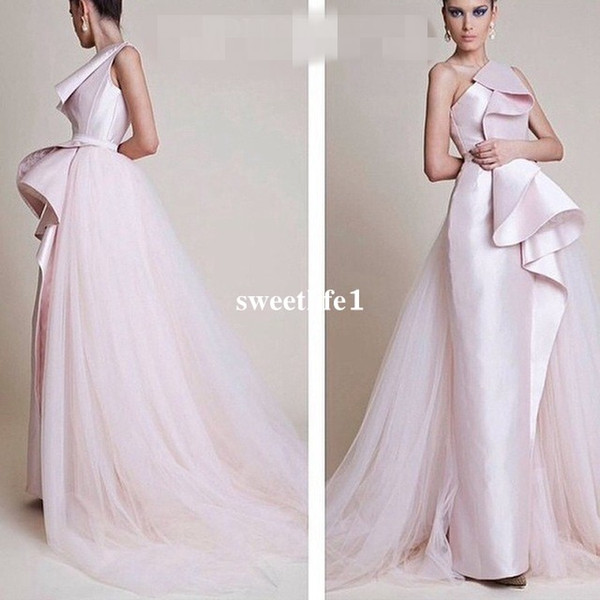 Elegant Light Pink One Shoulder Evening Dresses Stain Detachable Trian Tulle Formal Occasion Prom Party Gown New Style