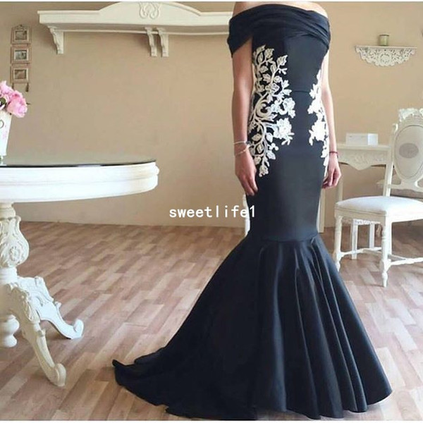 Off The Shoulder Evening Dresses White Appliques Mermaid Black Stain Dubai Arabic Style Formal Prom Occasion Dresses Custom Made