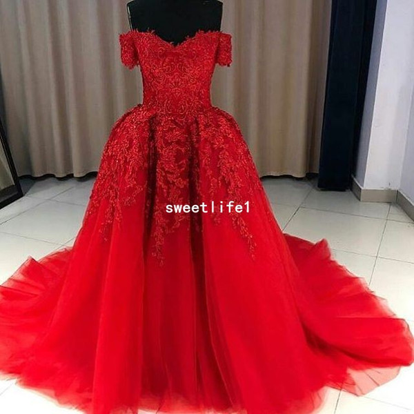 Red Off The Shoulder Evening Dresses Lace Appliques Dubai Style Arabic Court Train Formal Occasion Prom Gown Custom Made