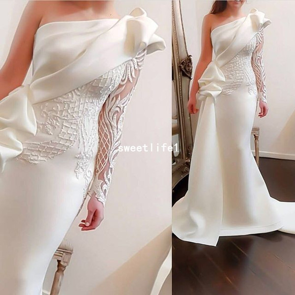 White Ivory Satin Mermaid Evening Dresses One Shoulder Lace Appliques Sweep Train Formal Occasion Prom Dresses Custom Made