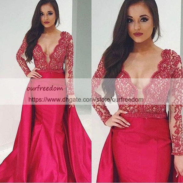 Elegant Red V Neck Evening Dresses With Long Sleeve Detachable Train Beaded Crystal Zipper Back Dubai Style Formal Prom Dresses Custom