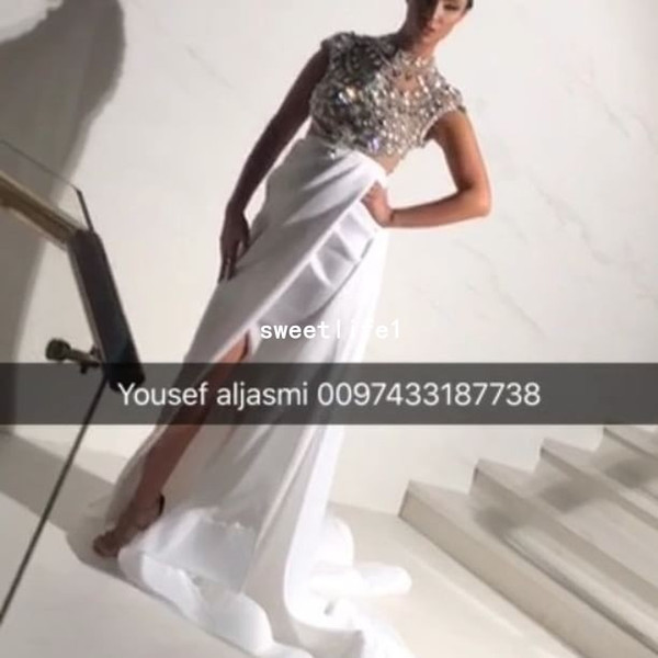 Yousef_Aljasmi Sparkly Crystal Beaded Evening Dresses High Neck Mermaid Side Split Sweep Train Formal Occasion Party Prom Dresses