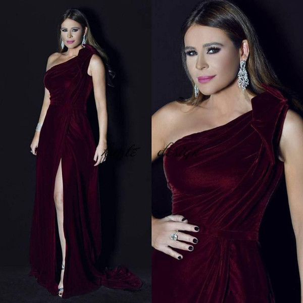 Burgundy Velvet Evening Dresses One Shoulder Side Split Mermaid Sweep Train Formal Occasion Prom Dresses Custom Made Vestidos De Fiesta