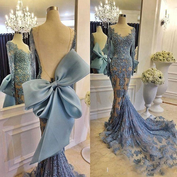 Mermaid Formal Evening Dresses Jewel Sheer Long Sleeves Sweep Train Lace Applique Big Bow Pageant Prom Party Gowns Custom Made DTJ