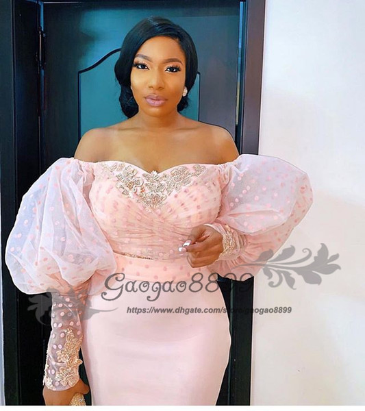 Nigerian lace long sleeve evening dresses off the shoulder Puff sleeve elegant beaded african arabic formal celebrity prom party gowns