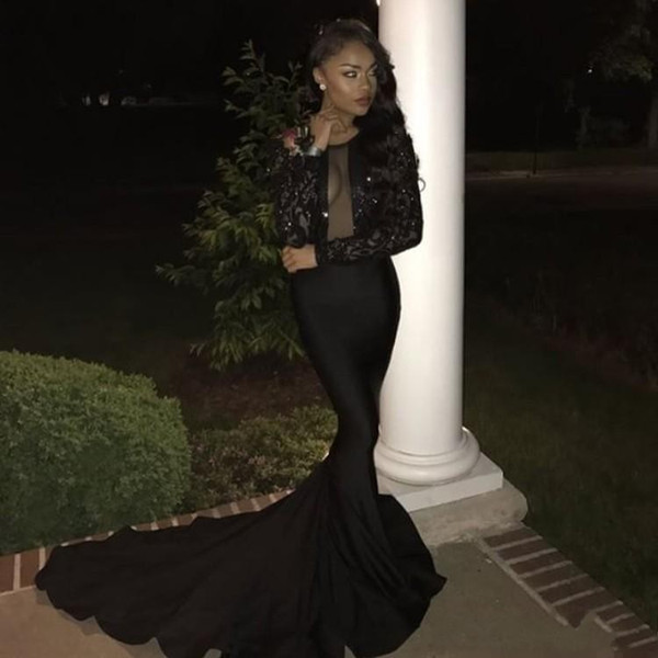 Black mermaid formal evening dresses long sleeves lace open neck illusion floor length plus size club prom party gowns wear