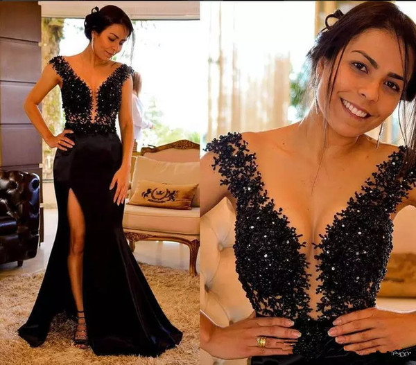 Sexy Black Evening Dresses Sheer Neck Lace Appliques Beaded Arabic Prom Dress Side Split Mermaid Formal Party Gowns