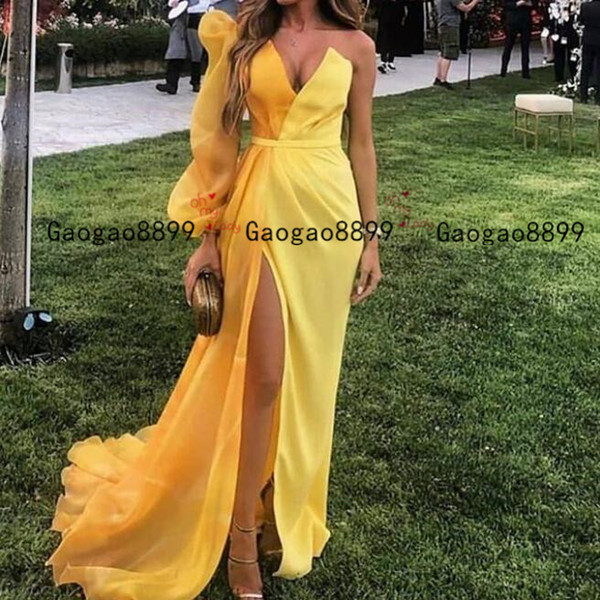 gorgeous Sexy slit Evening Dresses tulle long sleeves Formal Prom Gowns Customized Formal Dresses custom made yellow Evening Wear