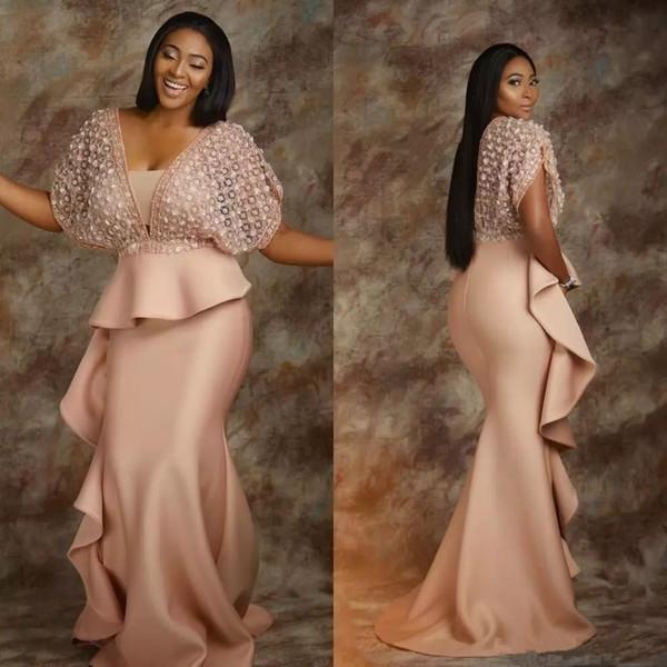 Pearl Pink Lace Evening Dresses African Saudi dubai Arabia Formal Dress For Women Sheath Prom Gowns Celebrity Robe De Soiree