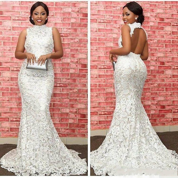 Sexy White Full Lace Formal Evening Dresses High Neck Keyhole Backless Mermaid Formal Dresses Party Prom Wear Sweep Train