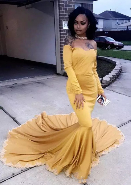 Yellow Off Shoulder Long Sleeves Mermaid Prom Dresses Long African Lace Appliques Formal Evening Gowns Black Girls Cheap Party Dress