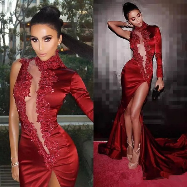 Sexy Burgundy Mermaid celebrity Evening Dresses Elegant High Neck Long Sleeves Side Split floor Length Prom Dresses Custom Made