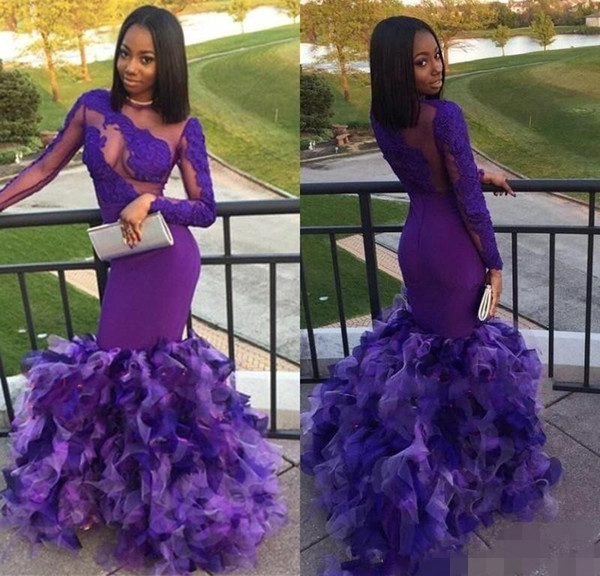 Purple Long Prom Dresses Vestidos de fiesta Formal Dresses Evening Party Wear Long Sleeves Ruffles Lace Applique Sweep Train