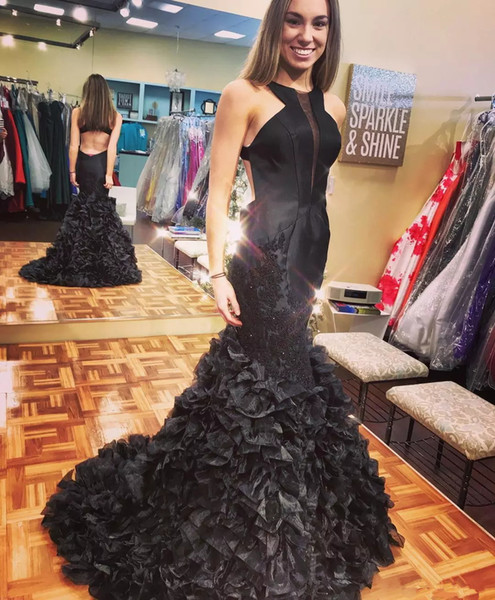 New Stunning Black Long Prom Dresses Beaded Appliqued Cascading Ruffled Mermaid Court Train Backless Formal Party Evening Gowns long