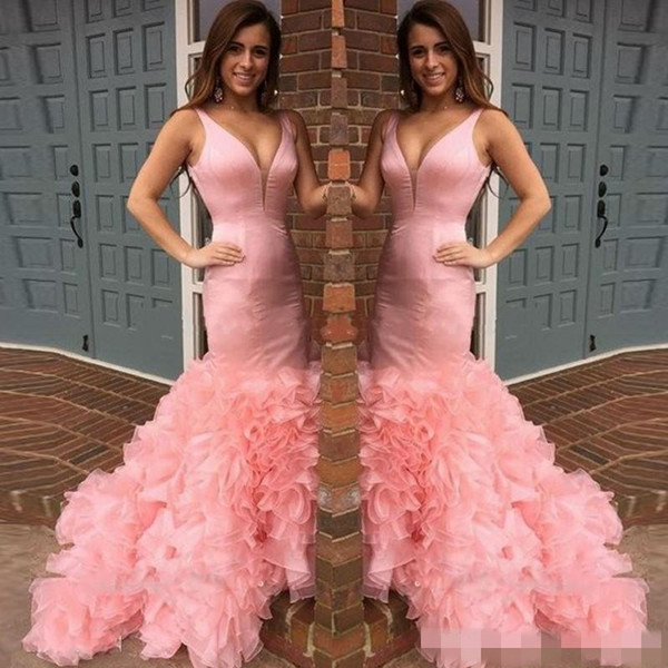 Pink Organza Ruffles Long Prom Dresses Deep V Neck Mermaid Evening Gowns Cocktail Formal Party Gowns Cheap