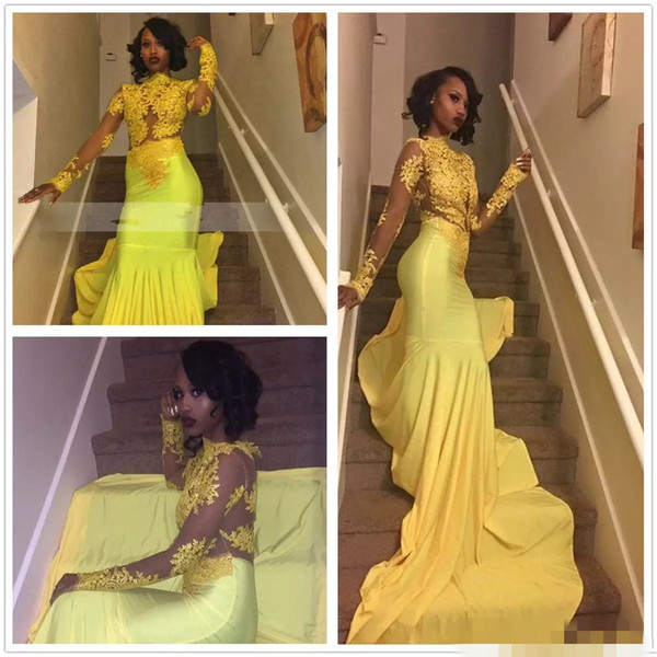 African Black Girls Yellow Mermaid 2k18 Prom Dresses Long Sleeves Satin Tulle Lace Applique Formal Party Evening Gowns