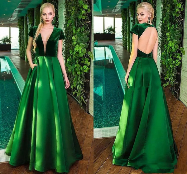 Elegant deep V neck velvet celebrity evening dresses with pocket Green satin floor length backless hollow back formal prom party gowns