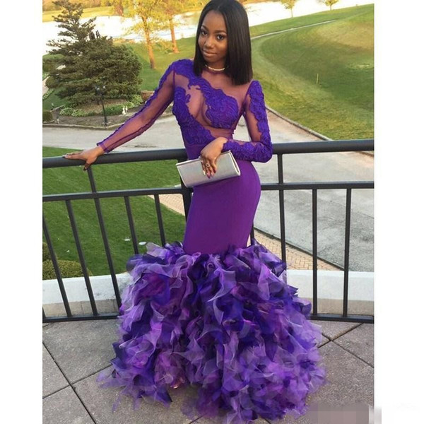 Prom Dresses Long Sleeve Formal Dresses Evening Party Wear Vestidos de fiesta Ruffles Lace Applique Sweep Train