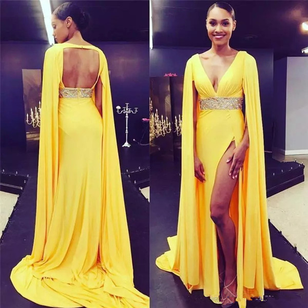 Sexy Open Back yellow Evening Dresses Deep V Neck Beaded Side Split mermaid formal prom Party gowns With Wrap celebrity Pageant Gown