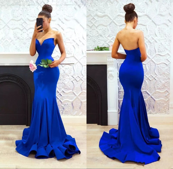 Classic royal blue mermaid evening dresses Cheap simple sweetheart sweep train matte satin trumpet formal evening prom party gowns long