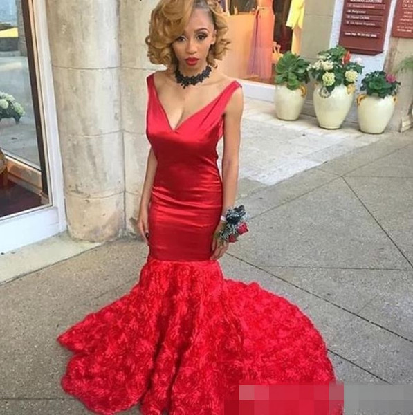 Hot Red Mermaid Long Prom Dresses Deep V Neck Sleeveless Evening Gowns Ruched Sweep Train Formal Party Gowns Women Vestidos Custom Made