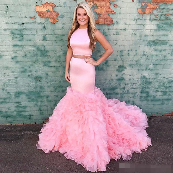 Mermaid Two Pieces Prom Dresses Long Ruffles Organza Train African Dress Evening Formal Gowns