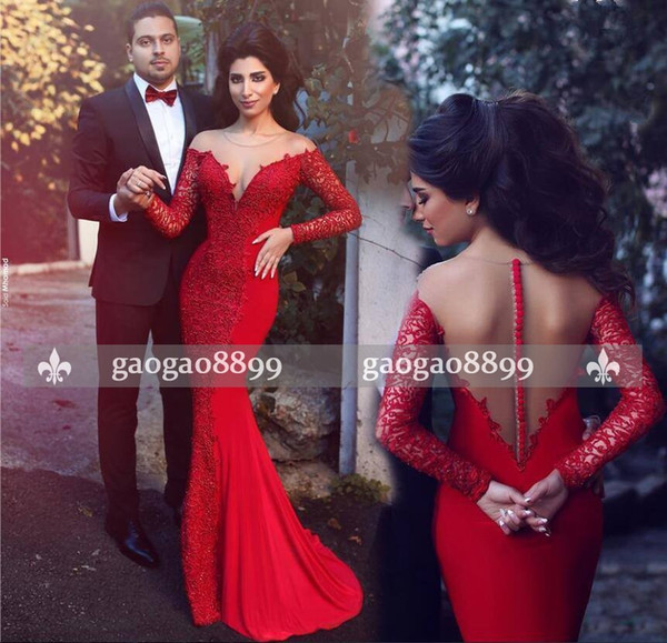 Hot Red Sexy Mermaid Cheap Bridal Gowns Jewel Backless Capped Long Sleeve Sweep Train Lace Formal Evening Dress Party Wear