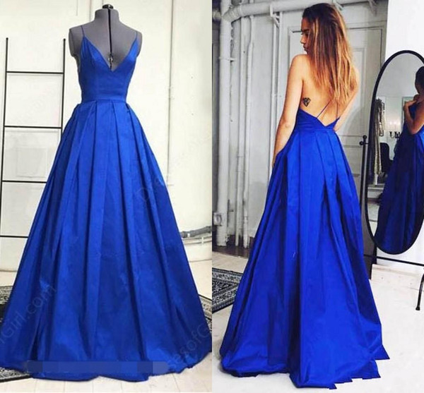 Cheap Long Prom Dresses Royal Blue Spaghetti Straps Backless Pleat Satin Full Length Sexy Party Formal Dresses Evening Wear