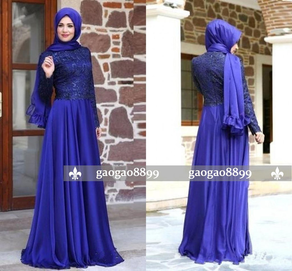 Muslim Royal Blue Lace Formal Evening Dresses Long Sleeve Jewel Neck Cheap Prom Formal Dresses Party Evening Wear