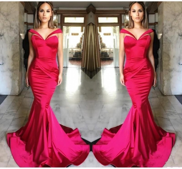 Elegant Hot Pink Evening Dresses Off Shoulder Mermaid Satin Ruffles Prom Dresses Backless Sweep Train Pageant Party Dresses Formal DTJ