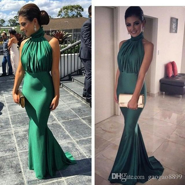 Sexy Hunter Green Mermaid Long Formal Evening Dresses High Neck Open Back Backless Sweep Train Dresses Evening Wear Evening Party Prom Gowns