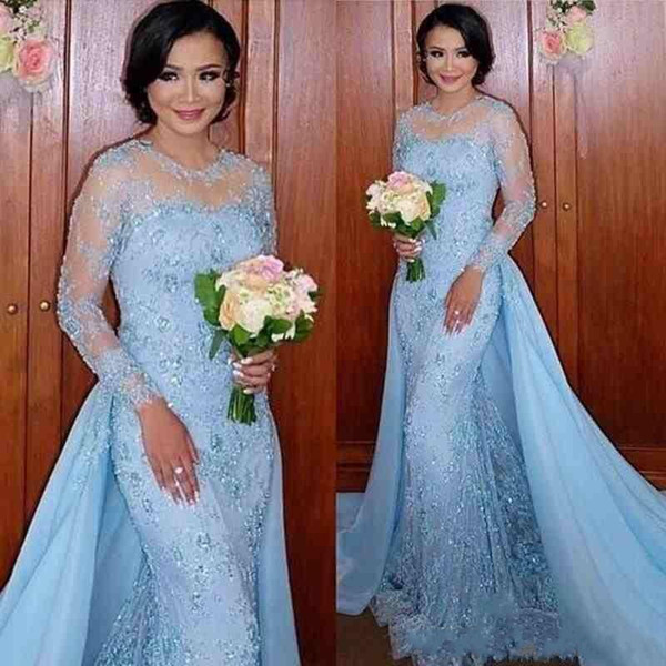 Arabic Middle East Evening Dresses with Overskirts Jewel Neck Long Sleeve Lace Appliqued Beads Dresses Prom Party Wear Gowns