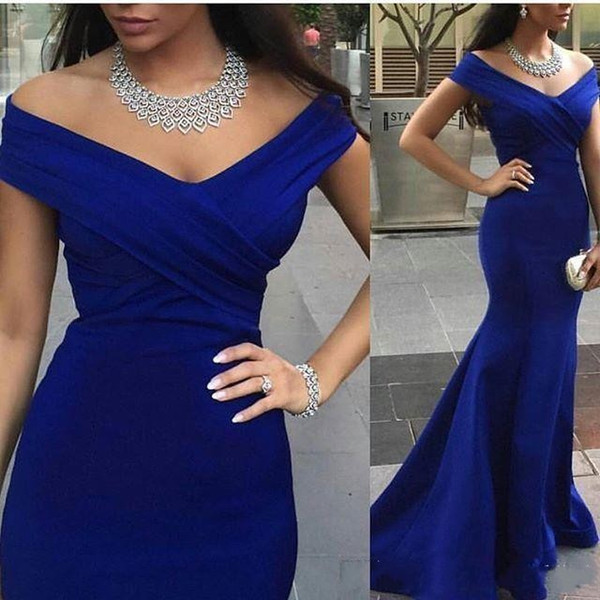 new Sexy Royal Blue Evening Dresses Mermaid Prom Dresses Long Off Shoulder Pleats Ruched Short Sleeves Court Train Formal Party Gown