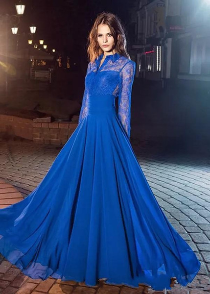 Fall A-Line Lace Formal Evening Dresses With Long Sleeves High Neck Covered Button Back Cheap Prom Party Gowns Dresses Evening Wear