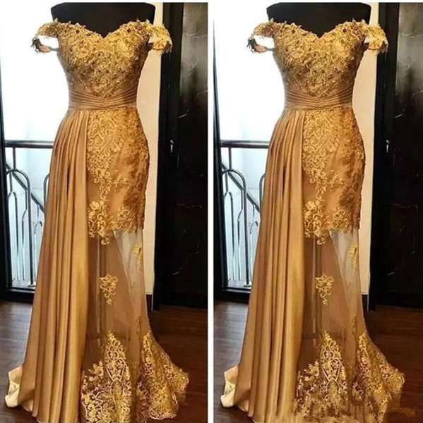 Off The Shoulder Long Evening Dresses Arabic Golden Tulle Applique Ruched Beaded Floor Length Pageant Formal Party Gowns Prom cheap