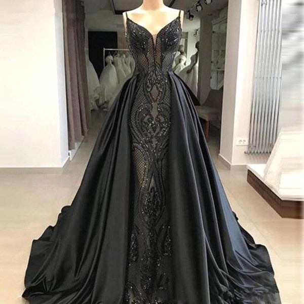 Black Long Evening Dresses Spaghetti Straps Lace Mermaid Satin detachabled Over skirts Floor Length Formal Party Evening Gowns