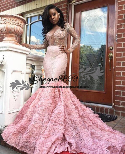 Gorgeous 2k17 Pink Long Sleeve Prom Dresses Sexy See Through Long Sleeves Open Back Mermaid Evening Gowns South African Formal Party Dress
