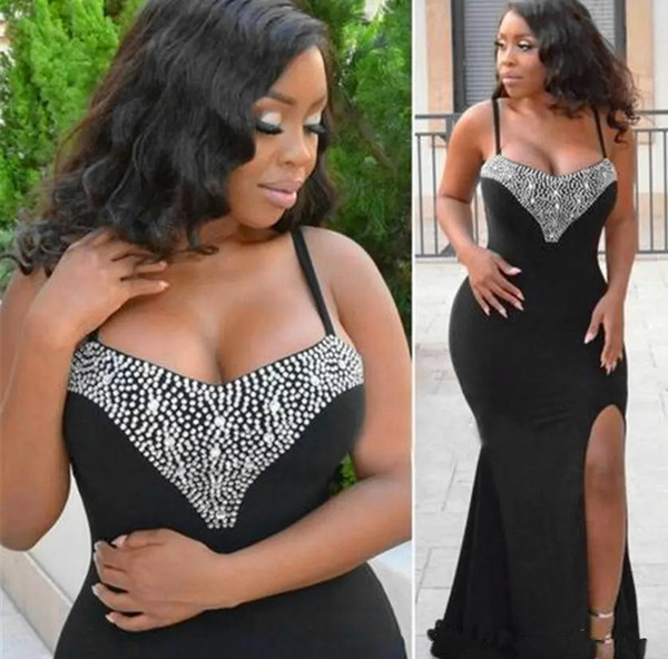 Sexy Black Evening Dresses Crystal Beading high Split Mermaid Formal celebrity Evening Gowns Spaghetti Straps african Black Girls gowns