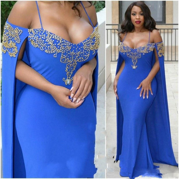 Cheap royal blue Mermaid Prom Dresses Long cape sleeve Sexy Backless Floor Length arabic Formal celebrity Evening gowns robe de soiree