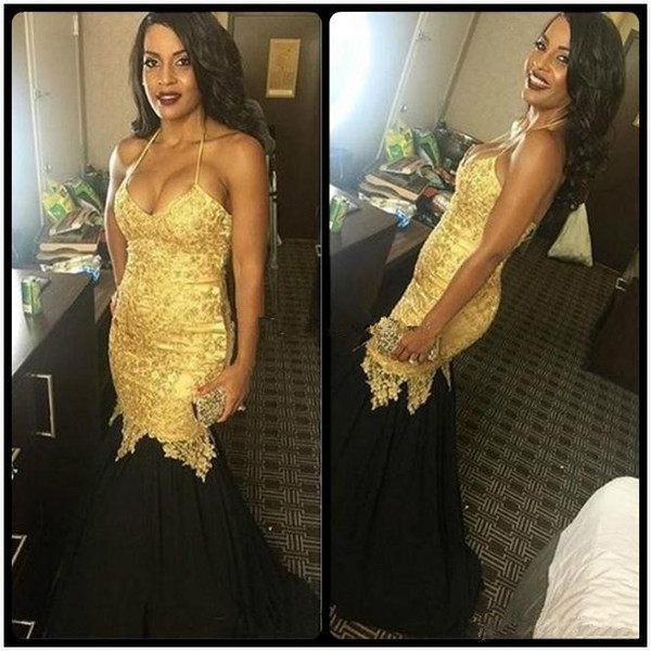 Gold and Black African Black Girl Mermaid 2k18 Prom Dresses Halter Neck Appliques Lace Tulle Fashion Long Party Evening Dresses Custom Size