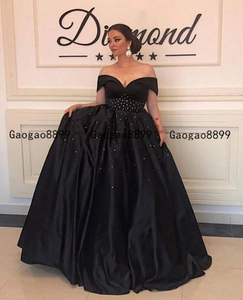 V-neck Off The Shoulder Evening Dresses Long Black Satin Plus Size Prom Dresses with Beaded crystal Waistline modest pergant dress