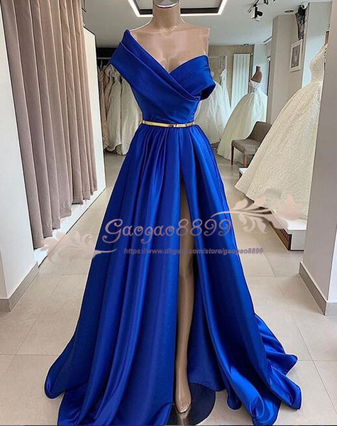 real picture royal blue Formal Evening Dresses sexy Front Split one shoulder gold sash prom Dresses custom made formal party gowns