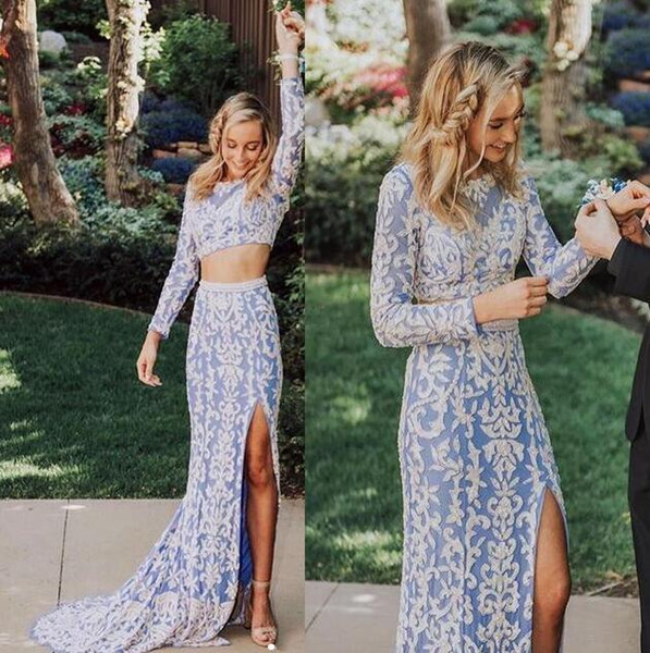 two pieces Sexy Formal Mermaid Evening Dresses long sleeves with beige lace appliques Front Split sweep Train Prom Dresses Party Gowns