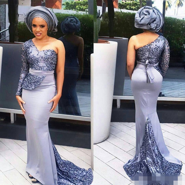 Modest Aso Ebi Long Evening Dresses Mermaid Prom Gowns Satin Peplum Lace Applique One Shoulder Party Gown